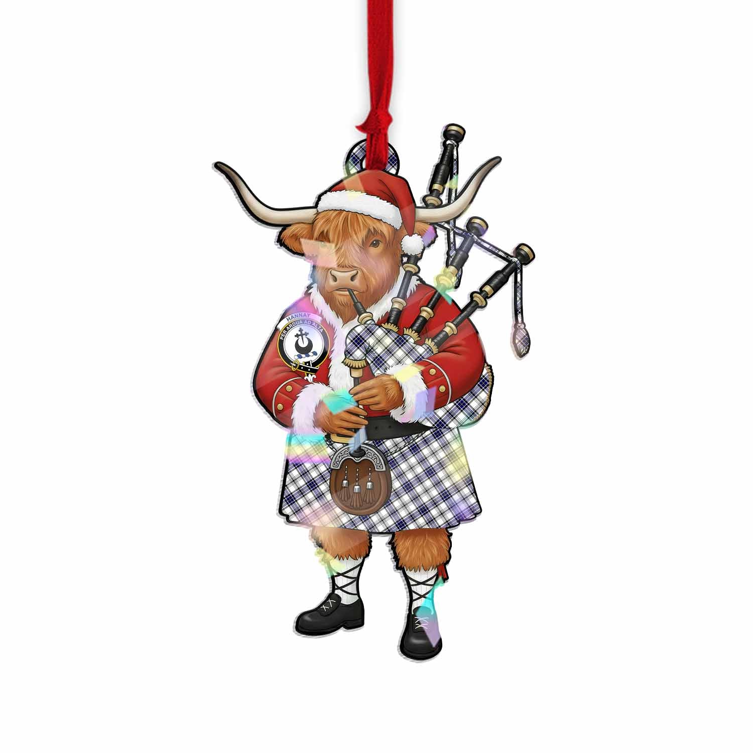 Hannay Tartan Crest Christmas Highland Cow Bagpipes Hologram Ornament
