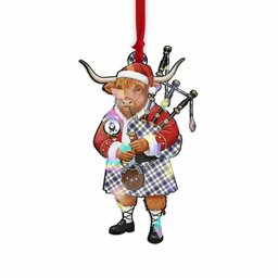 Hannay Tartan Crest Christmas Highland Cow Bagpipes Hologram Ornament