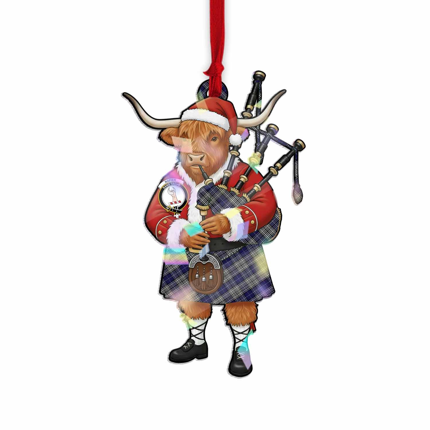 Napier Tartan Crest Christmas Highland Cow Bagpipes Hologram Ornament