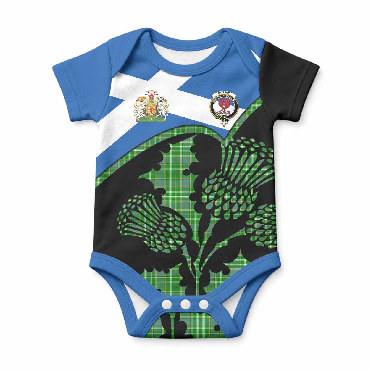 Currie Tartan Family Crest Baby Onesie Scotland Thistle Floral Flag Style