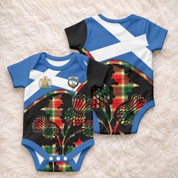 Gibson (Gibbs or Gibsone) Tartan Family Crest Baby Onesie Scotland Thistle Floral Flag Style