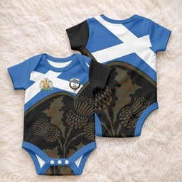 Gray Tartan Family Crest Baby Onesie Scotland Thistle Floral Flag Style