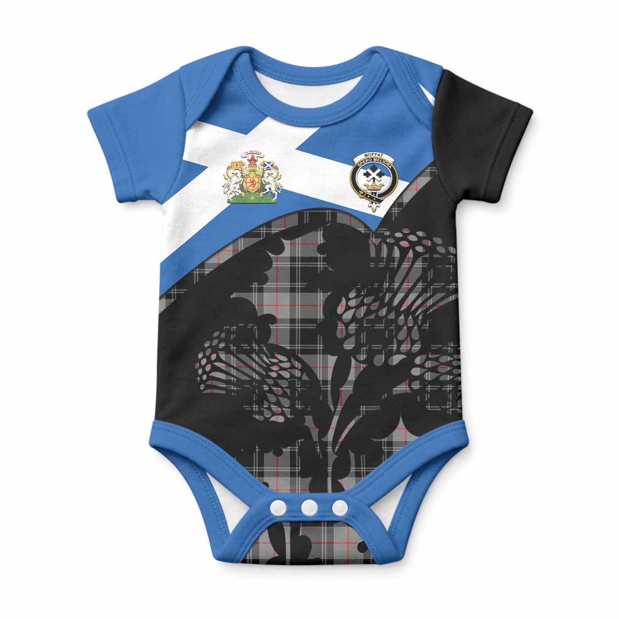 Moffat Tartan Family Crest Baby Onesie Scotland Thistle Floral Flag Style