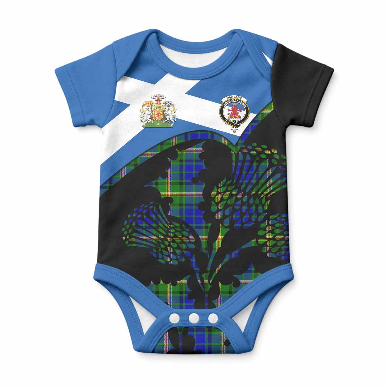 Maitland Tartan Family Crest Baby Onesie Scotland Thistle Floral Flag Style