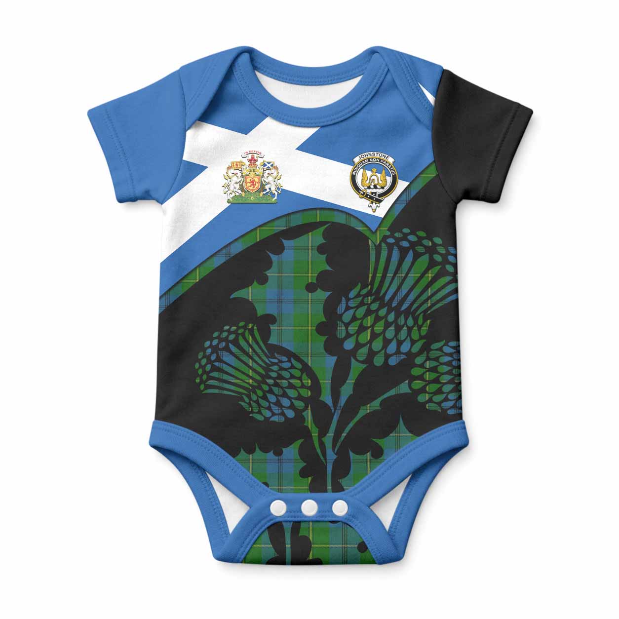 Johnstone (Johnston) Tartan Family Crest Baby Onesie Scotland Thistle Floral Flag Style