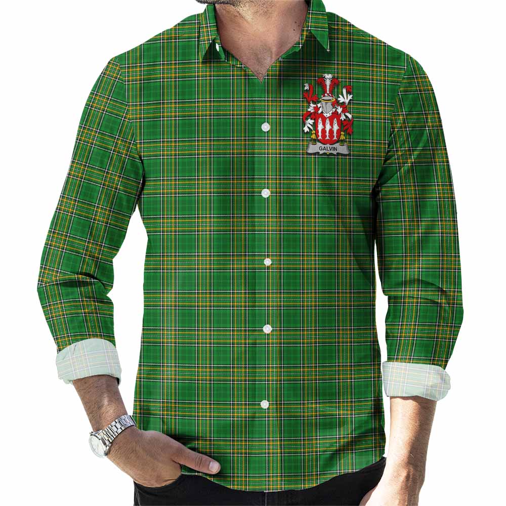 Galvin Irish Clan Tartan Long Sleeve Button Up with Coat of Arms
