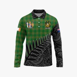 Barker Irish Clan Tartan Long Sleeve Polo Shirt with Coat of Arms New Zealand Silver Fern Half Style
