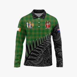 Gibney Irish Clan Tartan Long Sleeve Polo Shirt with Coat of Arms New Zealand Silver Fern Half Style