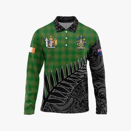 Fitz-Eustace Irish Clan Tartan Long Sleeve Polo Shirt with Coat of Arms New Zealand Silver Fern Half Style