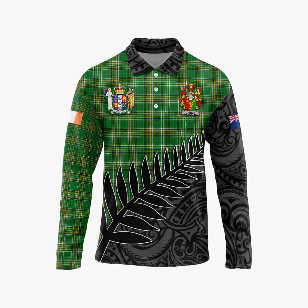 Gaynor Irish Clan Tartan Long Sleeve Polo Shirt with Coat of Arms New Zealand Silver Fern Half Style