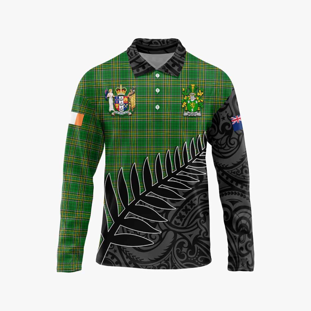 Melody Irish Clan Tartan Long Sleeve Polo Shirt with Coat of Arms New Zealand Silver Fern Half Style