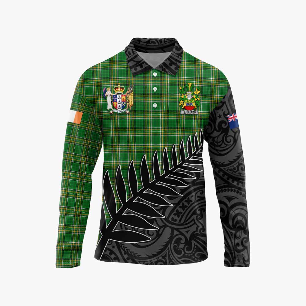 Heffernan Irish Clan Tartan Long Sleeve Polo Shirt with Coat of Arms New Zealand Silver Fern Half Style