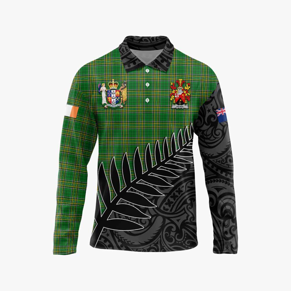 Keyes Irish Clan Tartan Long Sleeve Polo Shirt with Coat of Arms New Zealand Silver Fern Half Style