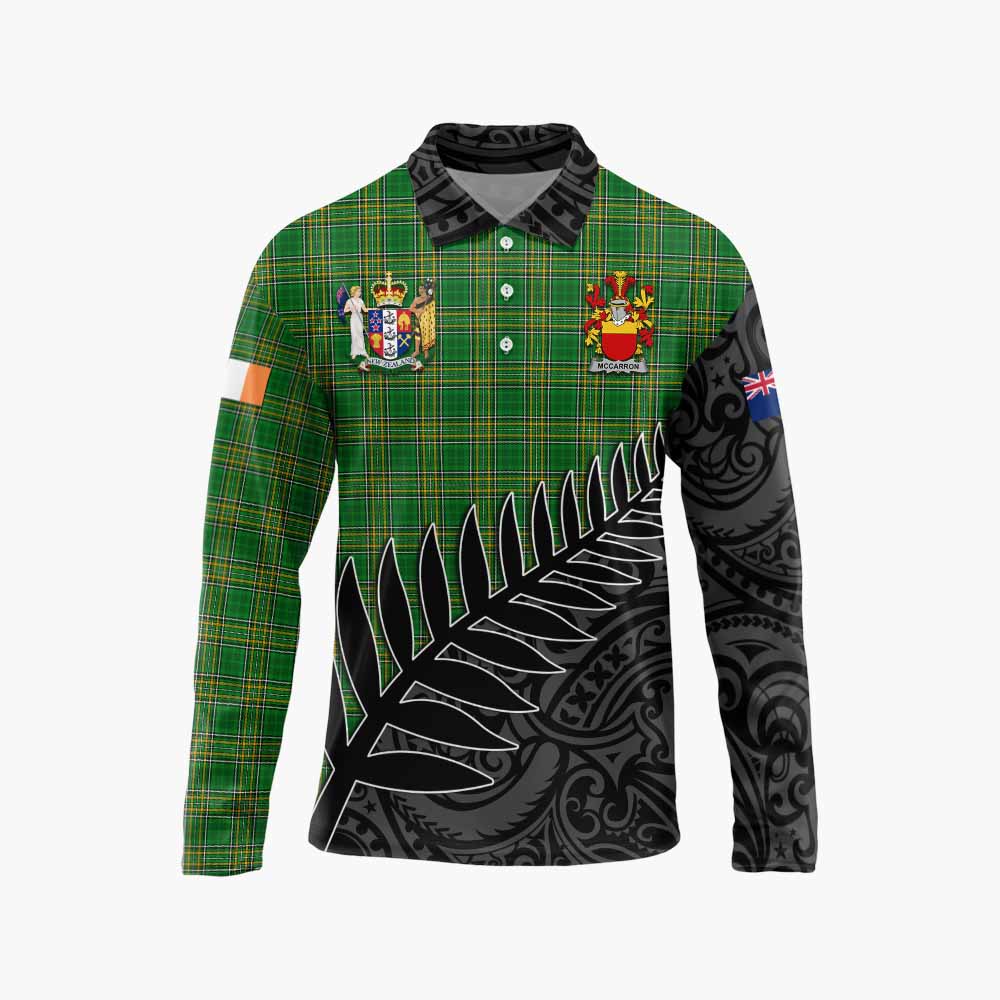 McCarron Irish Clan Tartan Long Sleeve Polo Shirt with Coat of Arms New Zealand Silver Fern Half Style