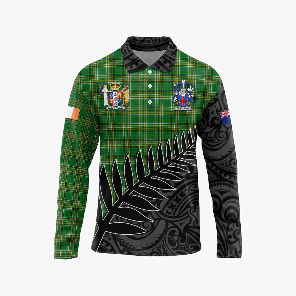 Pendleton Irish Clan Tartan Long Sleeve Polo Shirt with Coat of Arms New Zealand Silver Fern Half Style