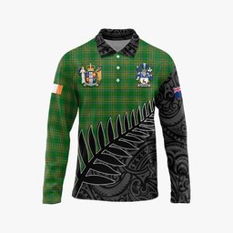 Rutledge Irish Clan Tartan Long Sleeve Polo Shirt with Coat of Arms New Zealand Silver Fern Half Style