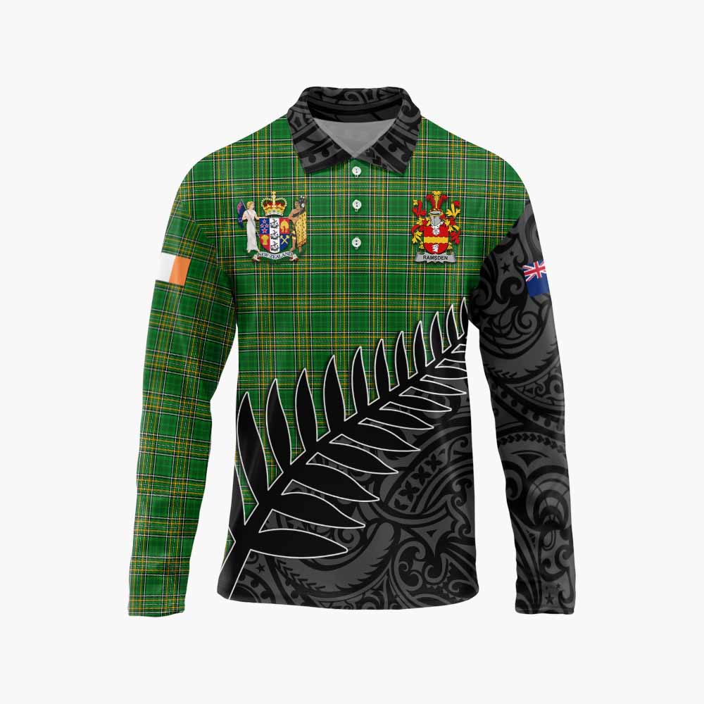 Ramsden Irish Clan Tartan Long Sleeve Polo Shirt with Coat of Arms New Zealand Silver Fern Half Style