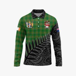 Thacker Irish Clan Tartan Long Sleeve Polo Shirt with Coat of Arms New Zealand Silver Fern Half Style