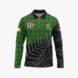 Rothe Irish Clan Tartan Long Sleeve Polo Shirt with Coat of Arms New Zealand Silver Fern Half Style