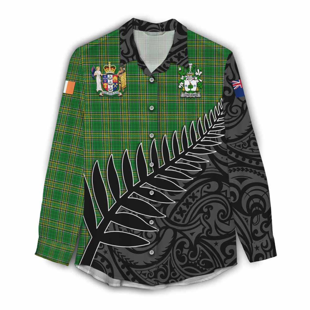 Concanon Irish Clan Tartan Women's Casual Shirt with Coat of Arms New Zealand Silver Fern Half Style