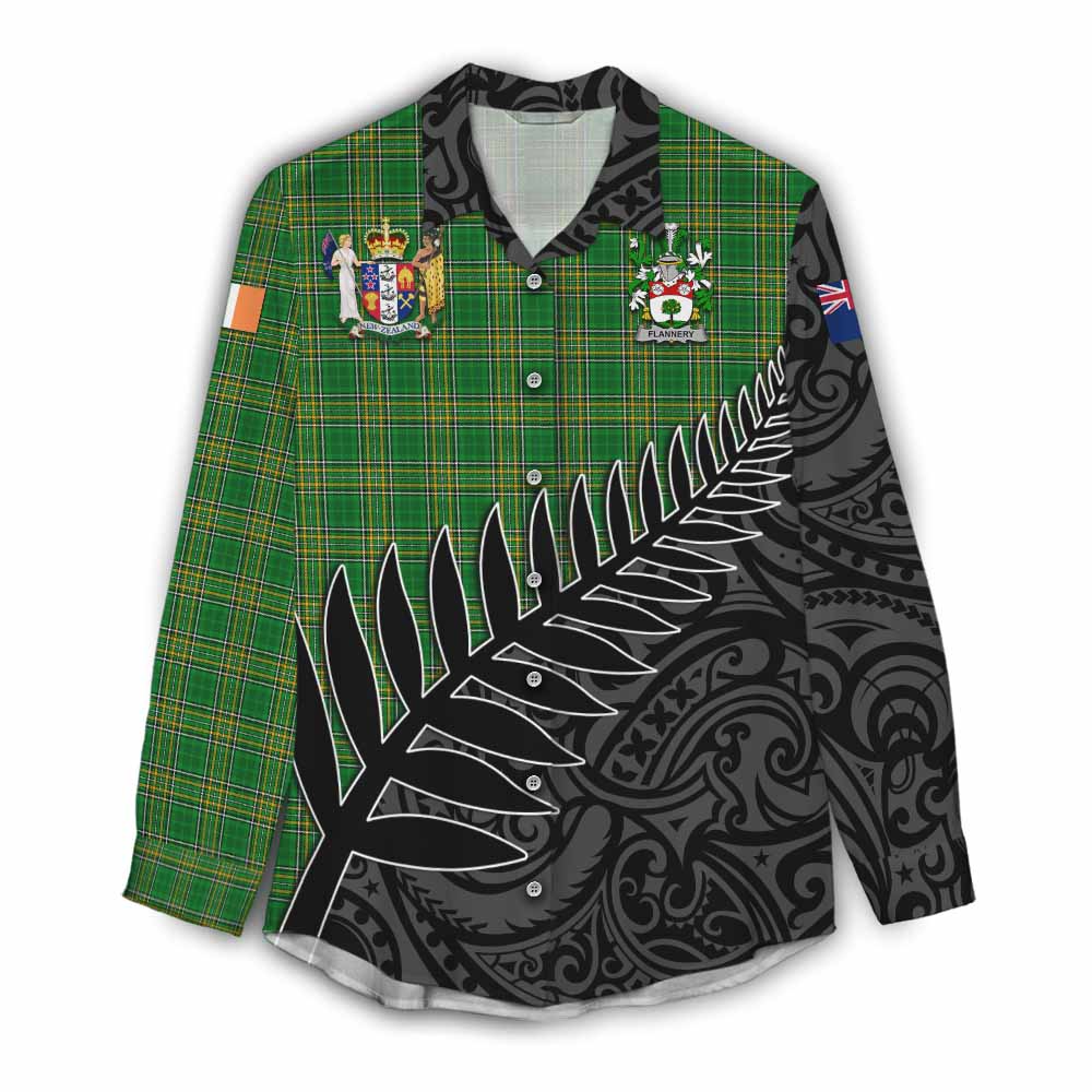 Flannery Irish Clan Tartan Women's Casual Shirt with Coat of Arms New Zealand Silver Fern Half Style