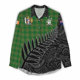 Sharkey Irish Clan Tartan Women's Casual Shirt with Coat of Arms New Zealand Silver Fern Half Style