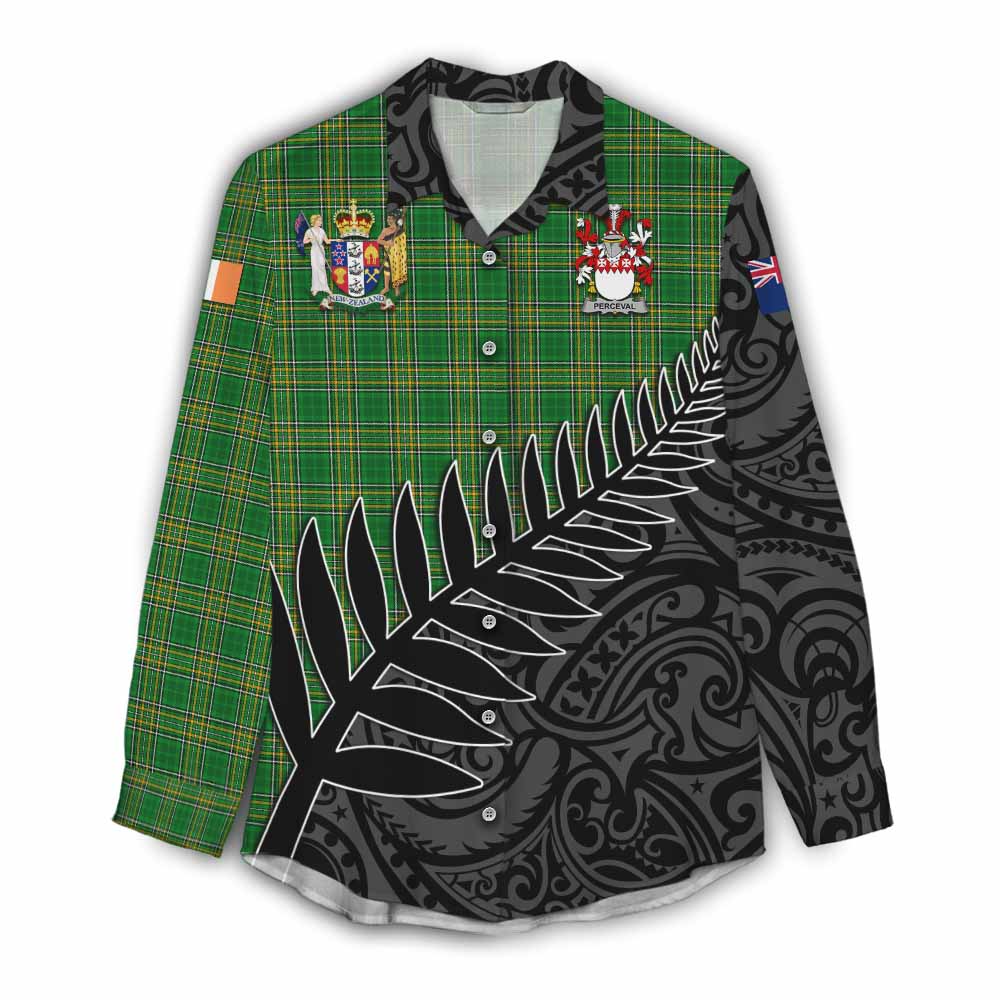 Perceval Irish Clan Tartan Women's Casual Shirt with Coat of Arms New Zealand Silver Fern Half Style