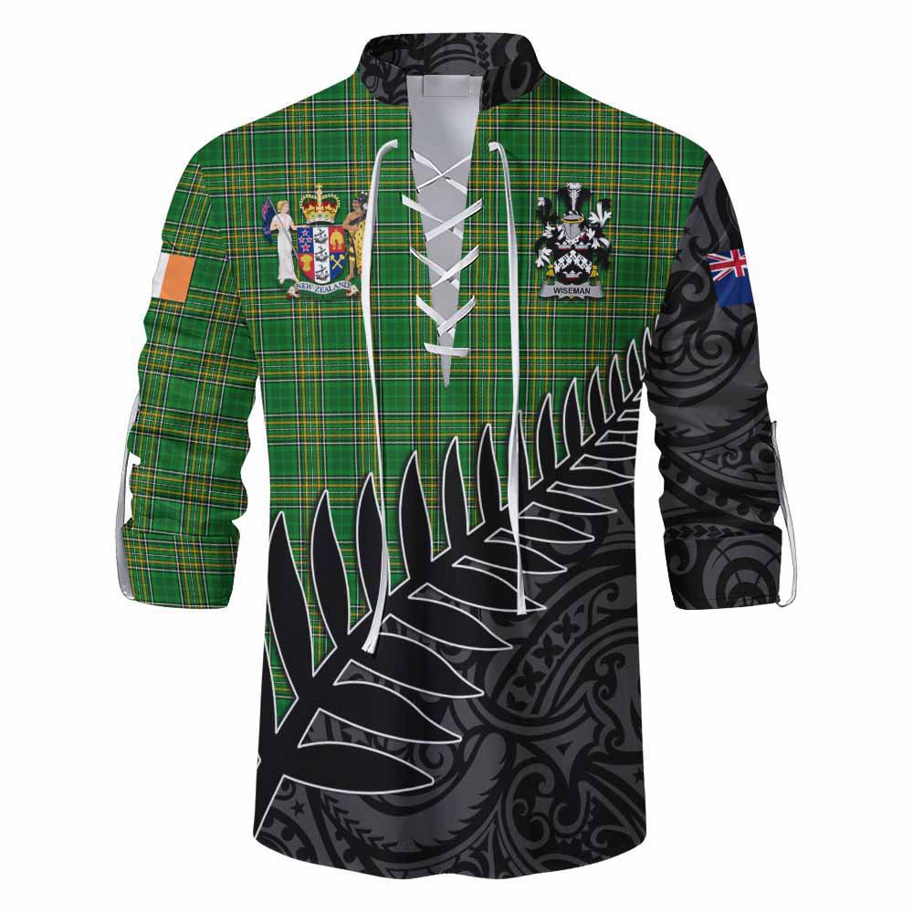 Wiseman Irish Clan Tartan Ghillie Kilt Shirt with Coat of Arms New Zealand Silver Fern Half Style