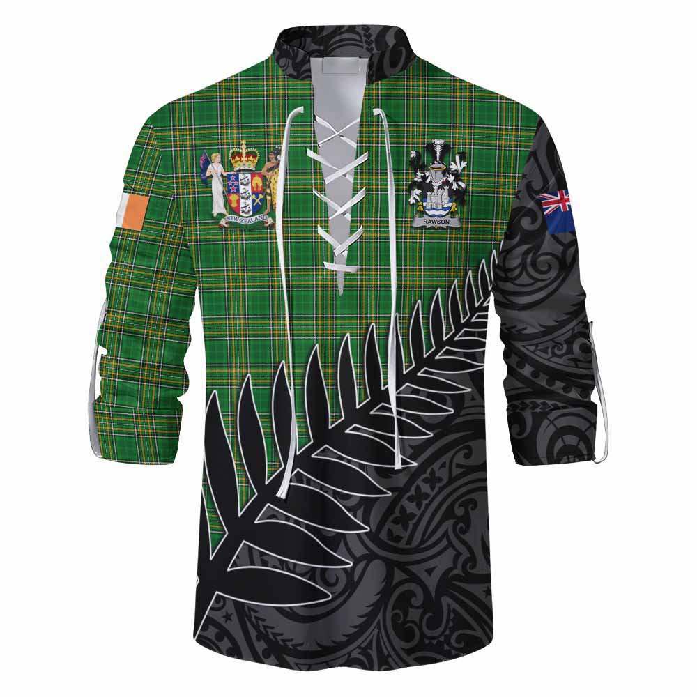Rawson Irish Clan Tartan Ghillie Kilt Shirt with Coat of Arms New Zealand Silver Fern Half Style