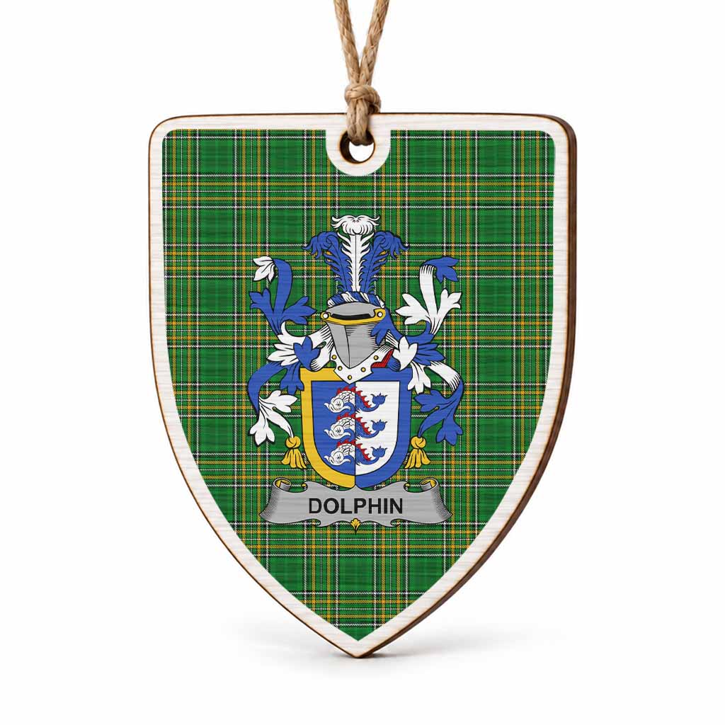 Dolphin Coat of Arms Shield Wood Ornament , Irish Heritage Hanging Plaque for Christmas Tree