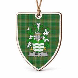 Haly Coat of Arms Shield Wood Ornament , Irish Heritage Hanging Plaque for Christmas Tree