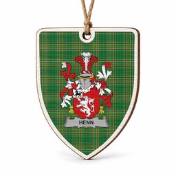 Henn Coat of Arms Shield Wood Ornament , Irish Heritage Hanging Plaque for Christmas Tree