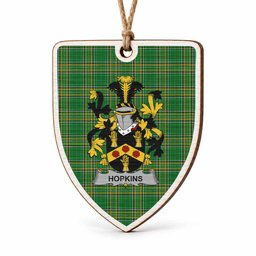 Hopkins Coat of Arms Shield Wood Ornament , Irish Heritage Hanging Plaque for Christmas Tree