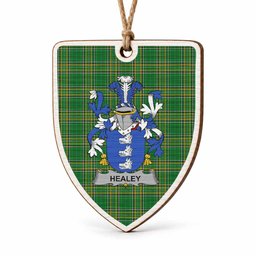 Healey Coat of Arms Shield Wood Ornament , Irish Heritage Hanging Plaque for Christmas Tree