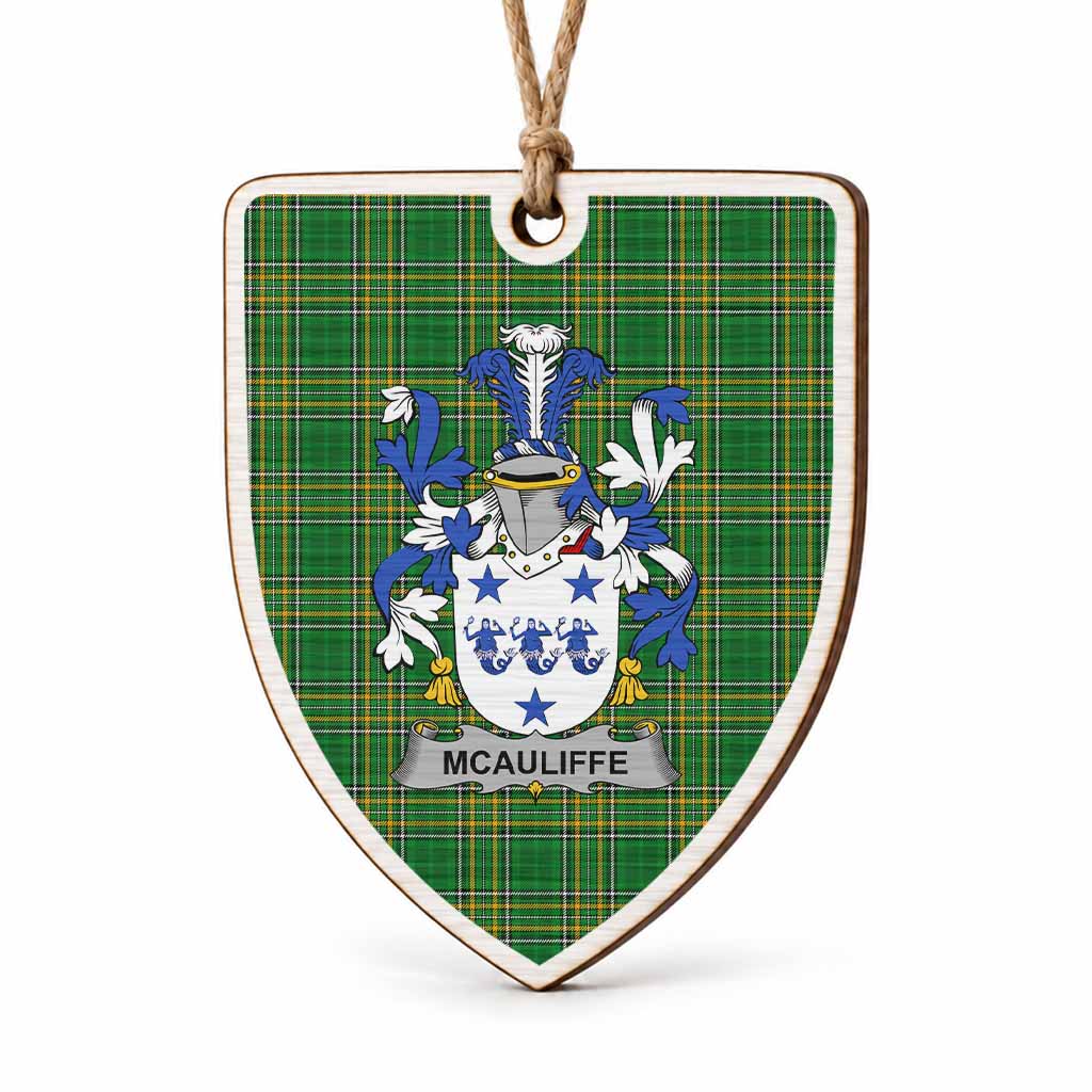 McAuliffe Coat of Arms Shield Wood Ornament , Irish Heritage Hanging Plaque for Christmas Tree
