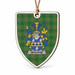 Meacham Coat of Arms Shield Wood Ornament , Irish Heritage Hanging Plaque for Christmas Tree