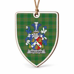 Holligan Coat of Arms Shield Wood Ornament , Irish Heritage Hanging Plaque for Christmas Tree