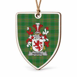 Russell Coat of Arms Shield Wood Ornament , Irish Heritage Hanging Plaque for Christmas Tree