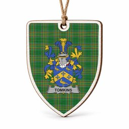 Tomkins Coat of Arms Shield Wood Ornament , Irish Heritage Hanging Plaque for Christmas Tree