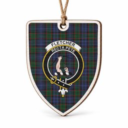 Fletcher Tartan Crest Shield Wood Ornament , Scottish Heritage Family Keepsake Gift
