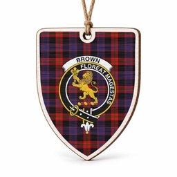 Brown (Broun) Tartan Crest Shield Wood Ornament , Scottish Heritage Family Keepsake Gift