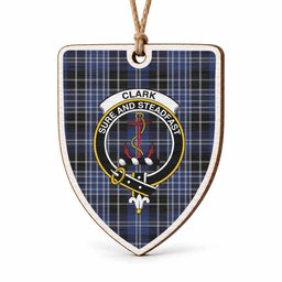 Clark (Clarke) Tartan Crest Shield Wood Ornament , Scottish Heritage Family Keepsake Gift