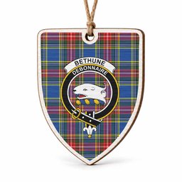 Bethune Tartan Crest Shield Wood Ornament , Scottish Heritage Family Keepsake Gift