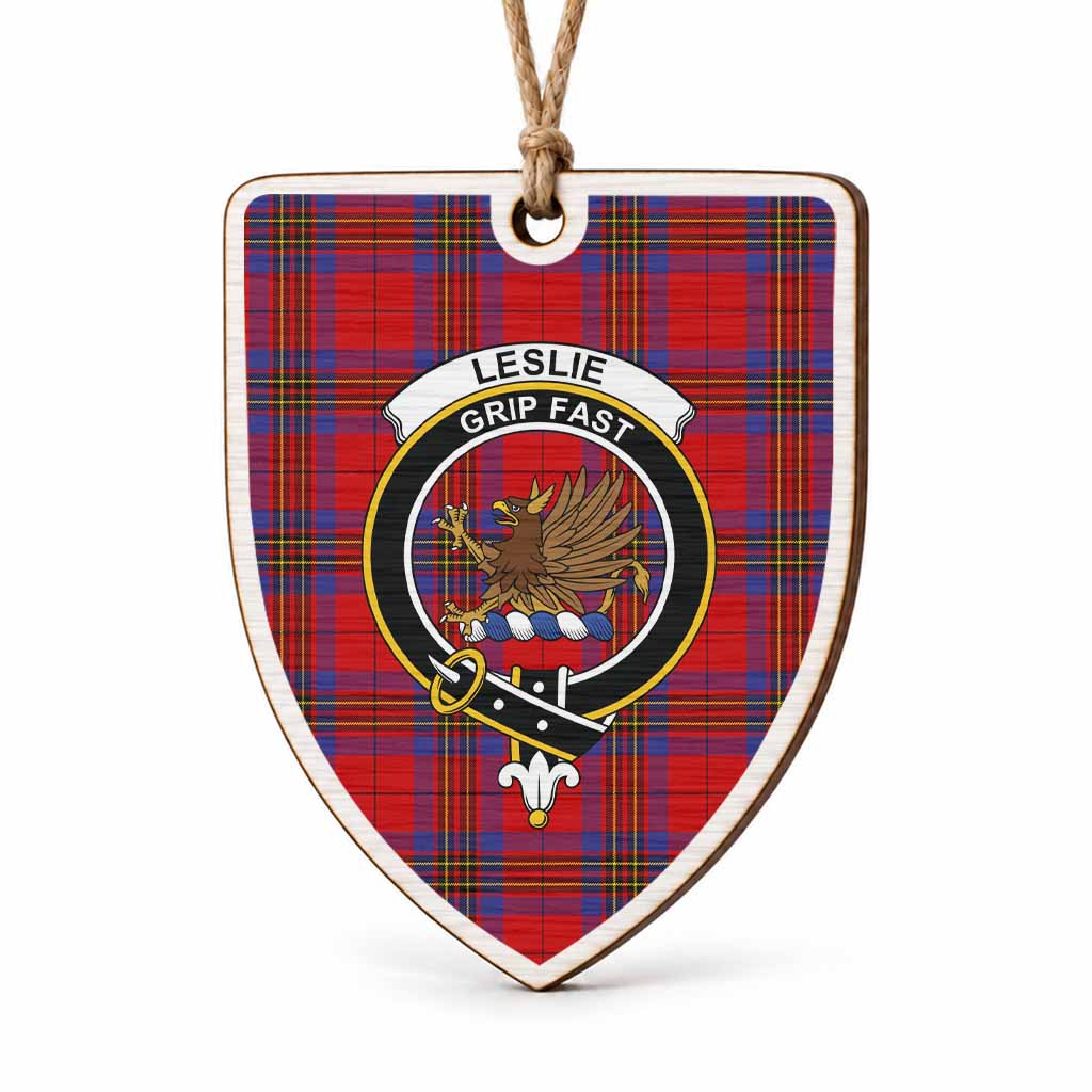 Leslie Tartan Crest Shield Wood Ornament , Scottish Heritage Family Keepsake Gift