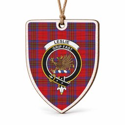 Leslie Tartan Crest Shield Wood Ornament , Scottish Heritage Family Keepsake Gift
