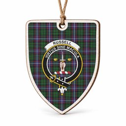 Russell Tartan Crest Shield Wood Ornament , Scottish Heritage Family Keepsake Gift