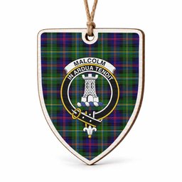 Malcolm Tartan Crest Shield Wood Ornament , Scottish Heritage Family Keepsake Gift