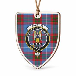 Preston Tartan Crest Shield Wood Ornament , Scottish Heritage Family Keepsake Gift