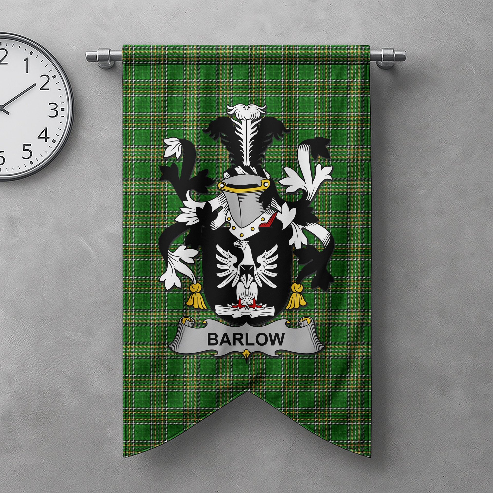 ScotsTee Shop Irish Barlow Clan Coat of Arms Irish Tartan Gonfalon Flag