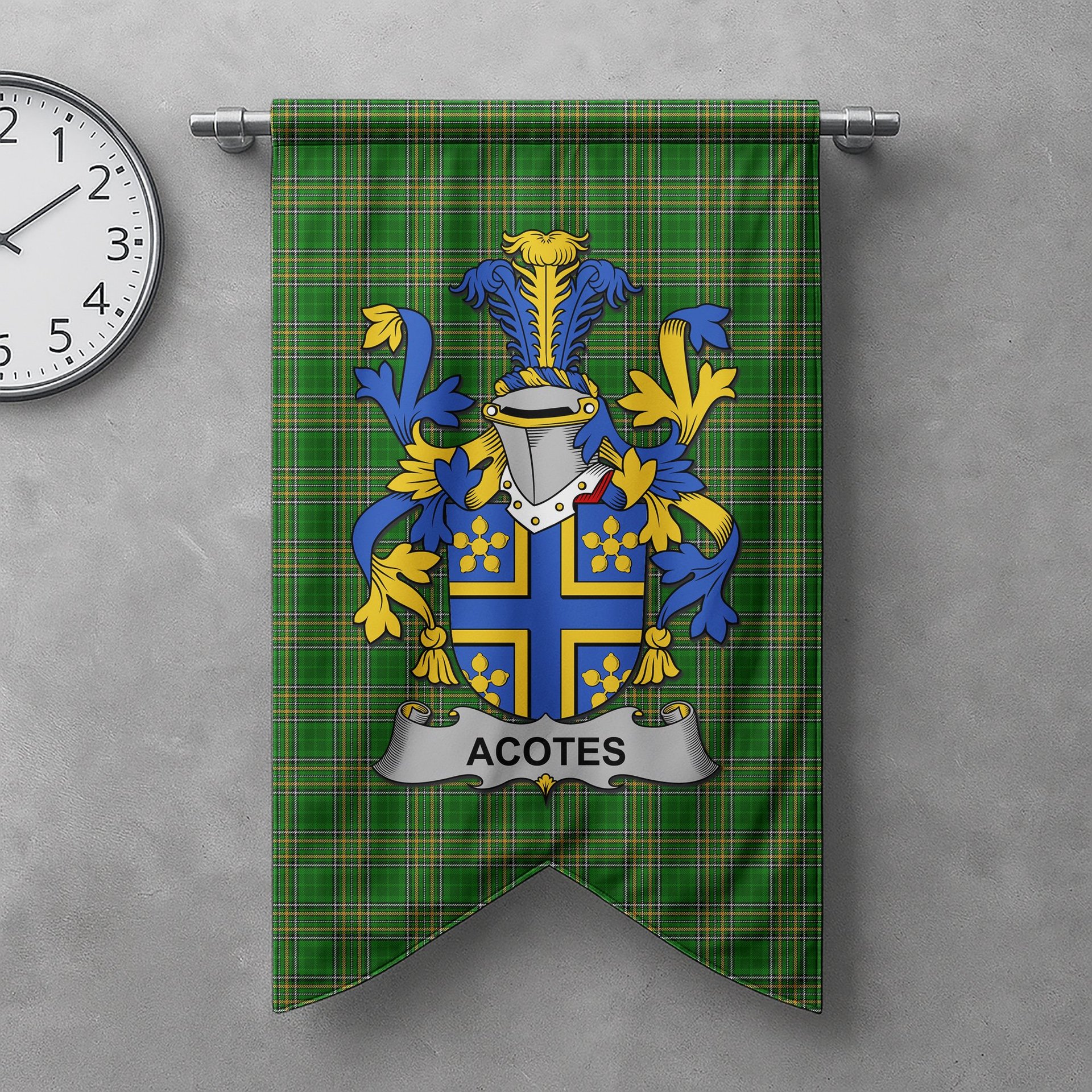 ScotsTee Shop Irish Acotes Clan Coat of Arms Irish Tartan Gonfalon Flag